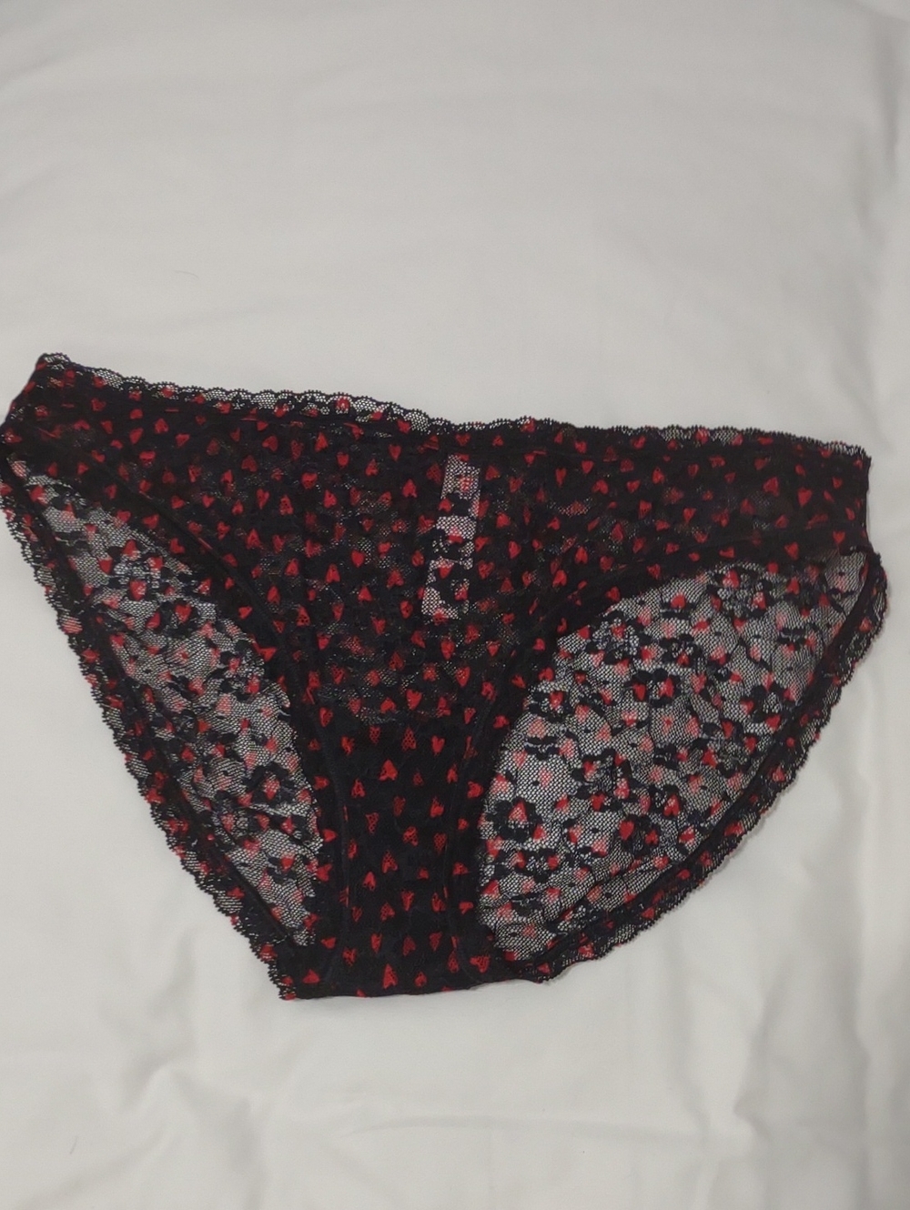 Victoria's Secret Black Lace Bikini Panty with Red Heart Print